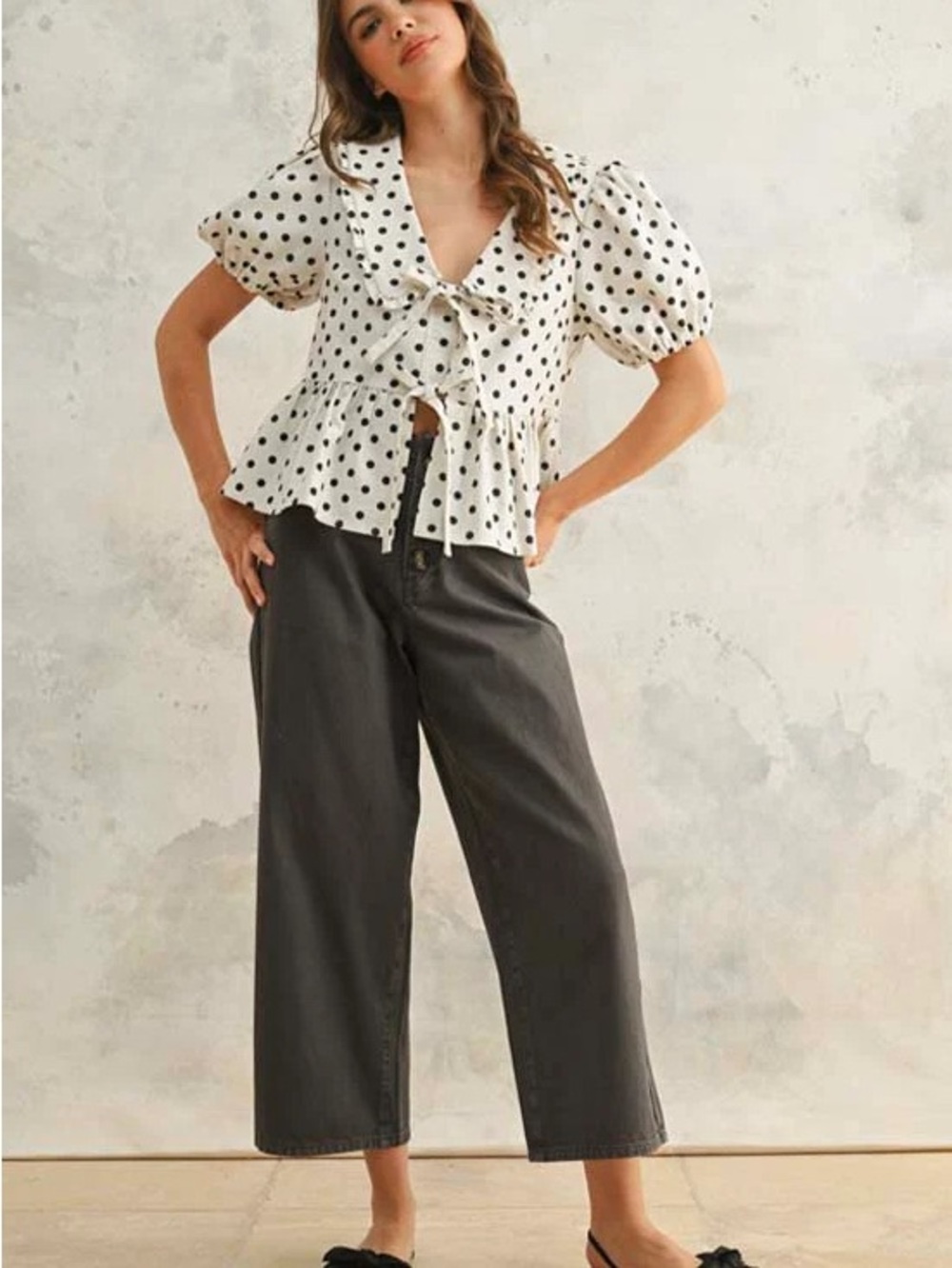 Polka Dot Tie-Front Peplum Blouse - White/Black